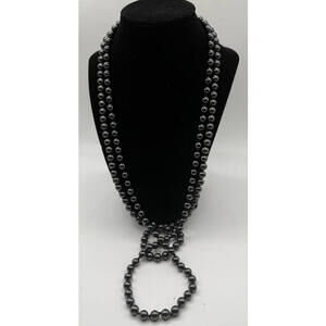 Swarovski Black Crystal Pearl Necklace Set 2 Strands Swan Clasp Gold Tone Vintag